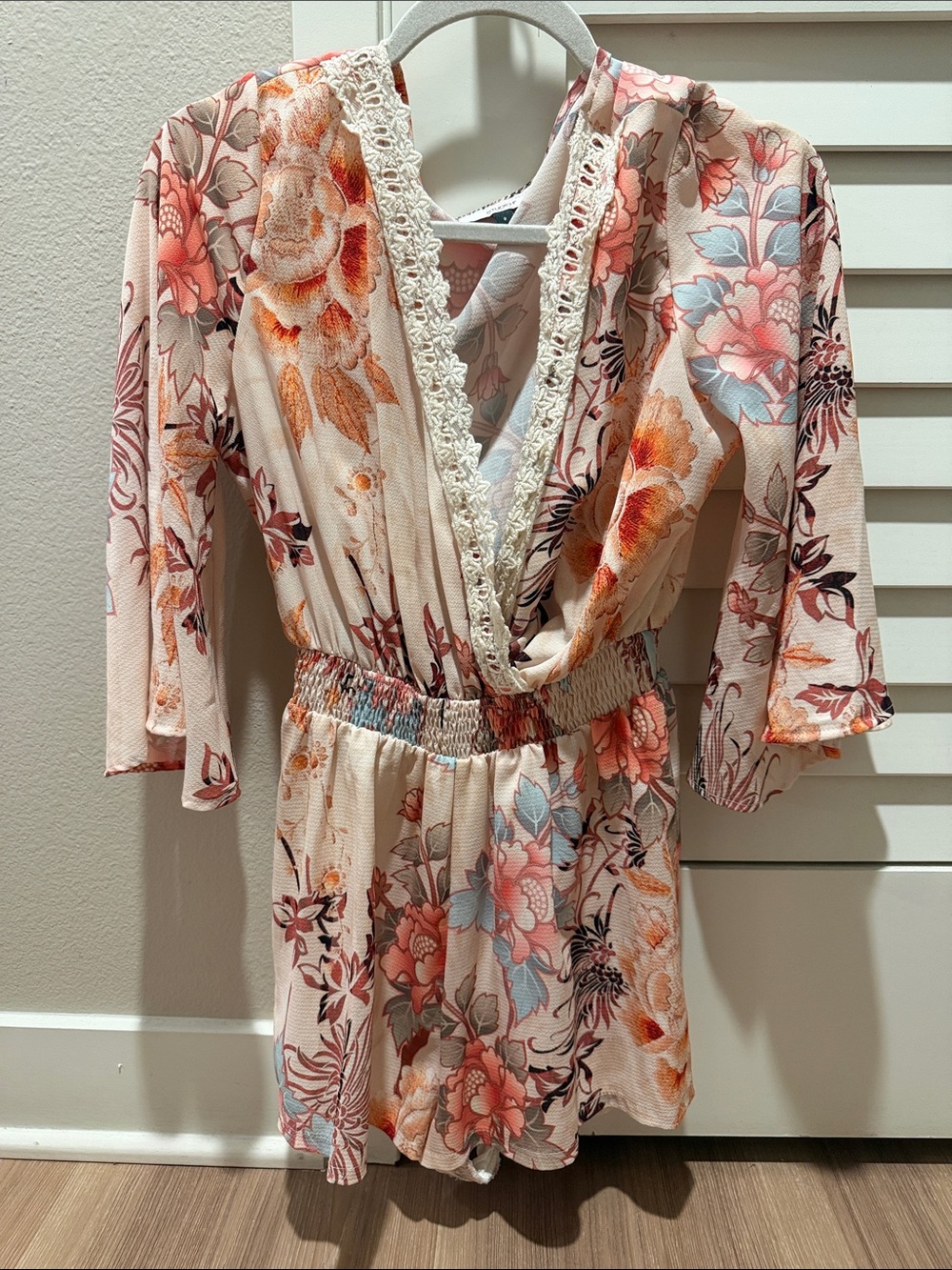 Floral Lace-Trim Romper in Soft Blush